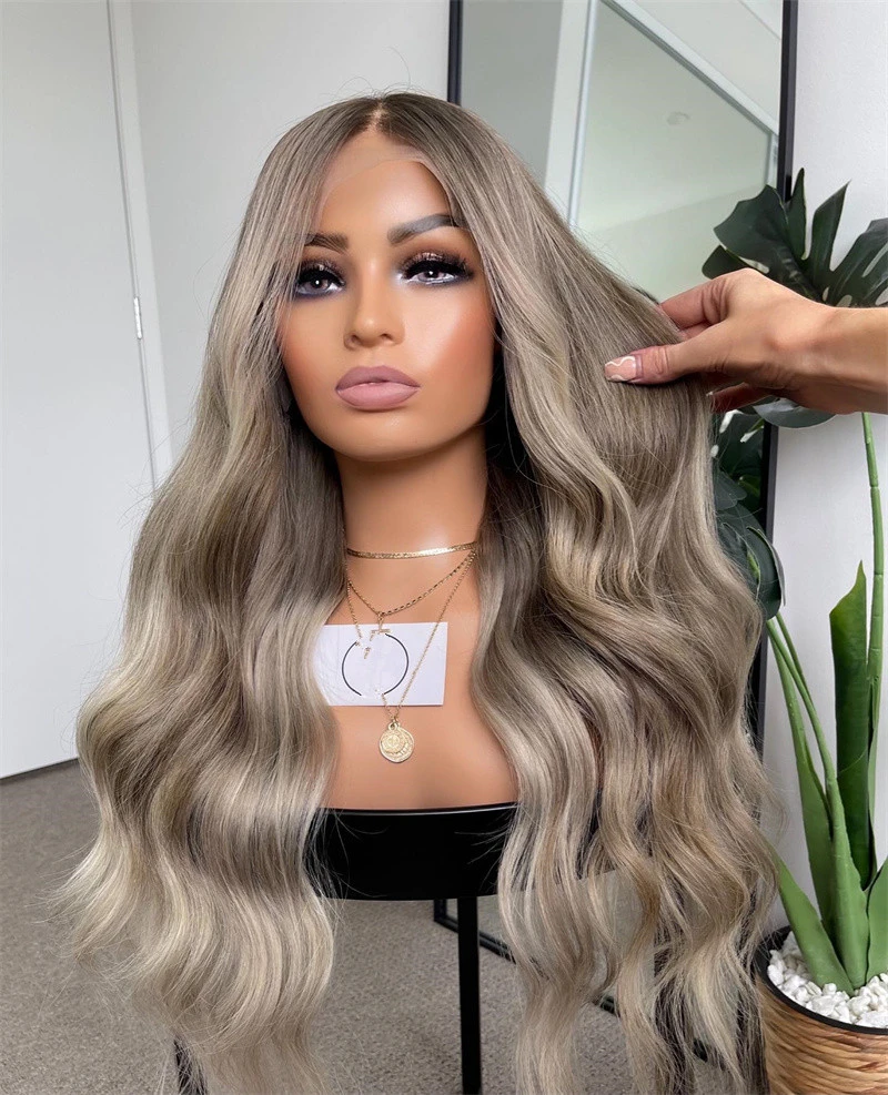Synthetic Wig Lady Ash Grey Highlight Blonde Lace Front Balayage Body Wave PrePlucked Hairline Heat Resistant