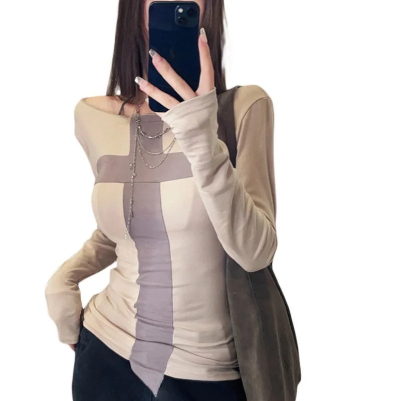 y2k Grunge Tops Women Fairycore Clothes Contrast Cross Off Shoulder Long Sleeve T Shirts 2000s Goth Clothing Streetwear