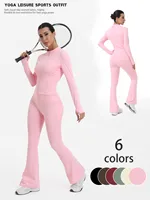 Ensemble de sport décontracté 2 pièces Fitfemme pour femme : Legging évasé taille haute avec poches et veste de course 1