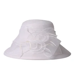Elegant Navy Blue Wide Brim Derby Hat with Floral Fascinator - 56 to 58cm (White)