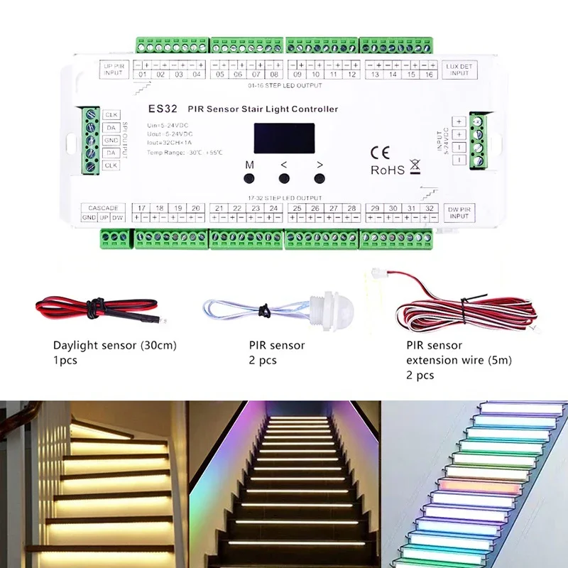 ES32 Stair Controller PIR Sensor 32CH Single Color 2CH RGB Pixel SPI LED Strip Dimmer Indoor Stairway Light Controller 5V-24V yyhcair quality sensor for grow rooms indoor air quality controller for carbon dioxide temperature humidity