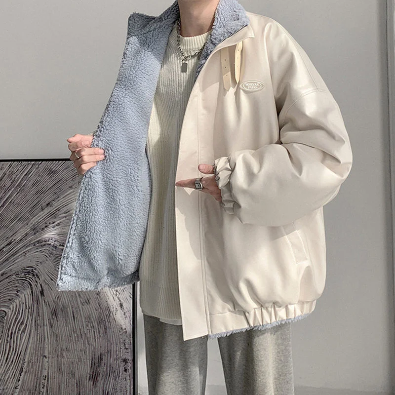 

Men Jacket PU Leather and Lamb Wool Two-sided Wear Padded Autumn Winter Hip Hop Thick Warm Oversize Coat Punk Streetwear