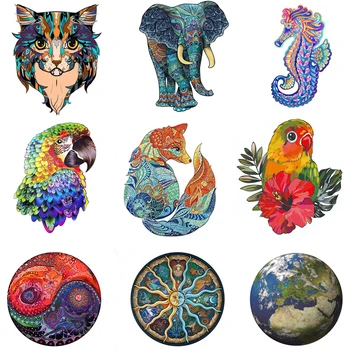 Wooden Animal Puzzle Toys Elephant Fox Tai Chi Parrot Jigsaw Puzzle Board Game Set for Adults Kids Educational Toy Baby Gifts 1