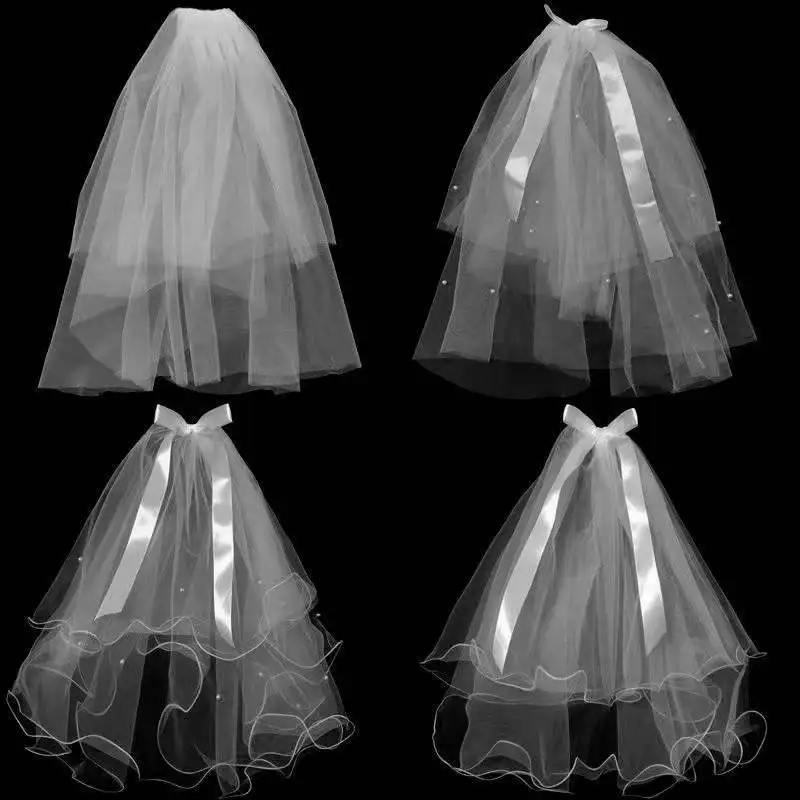 50cm 70cm Elegant White Bridal Veil With Hair Clip Simple Double Layer Wedding Veil White Pink Black Bow Bachelorette Party Veil 2