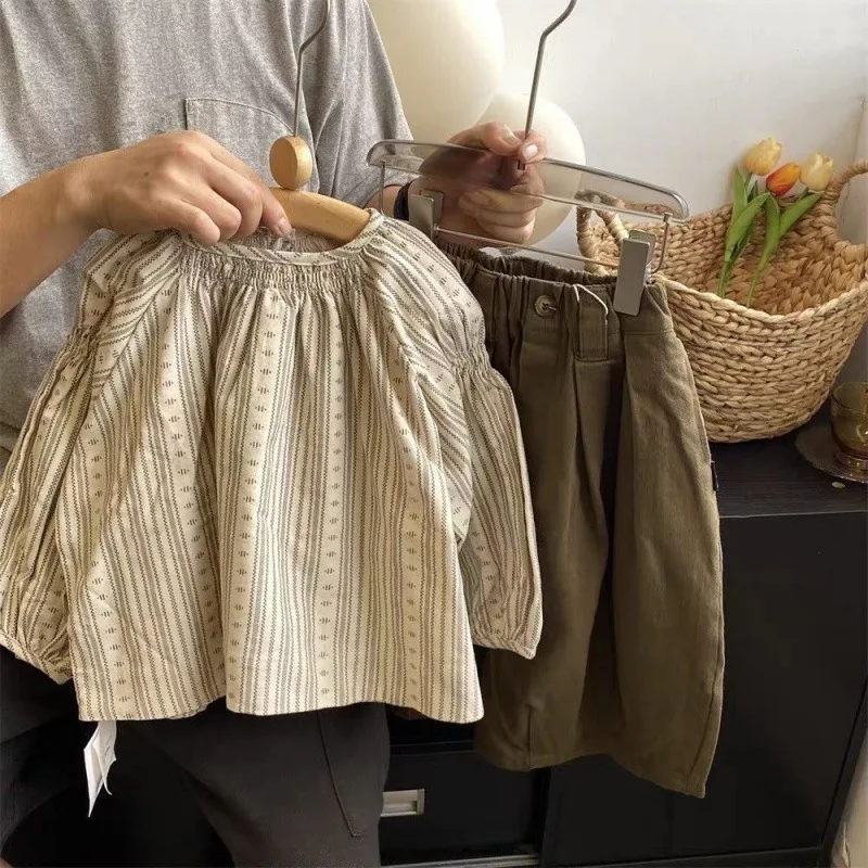 

Autumn new doll casual baby girls striped shirt wide-leg pants two-piece suit fashion