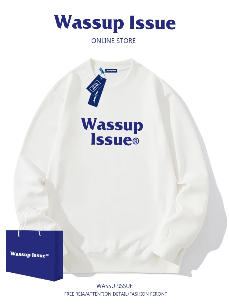 

WASSUP ISSUE Round Neck Hoodie Men In Spring And Autumn, Loose Fitting Long Sleeved T-shirT, HigH Street Couple Outfit, Base