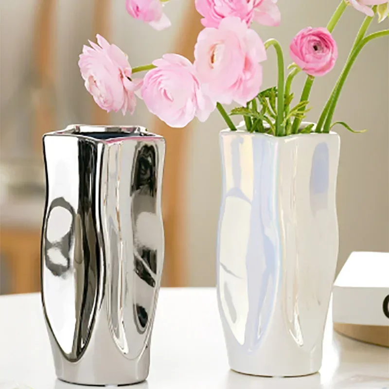Luxury Electroplated Silver Ceramic Vase Flower Arrangement Irregular Porcelain Hydroponic Vase Ornament Interior Art Decoration 6