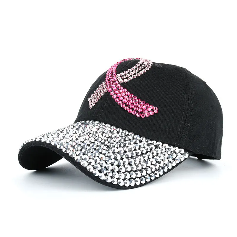 

Women Fashion Breast Cancer Rhinestones Hats Ladies Bling Pink Ribbon Logo Baseball Caps Never Give Up Diamond Snapback Caps