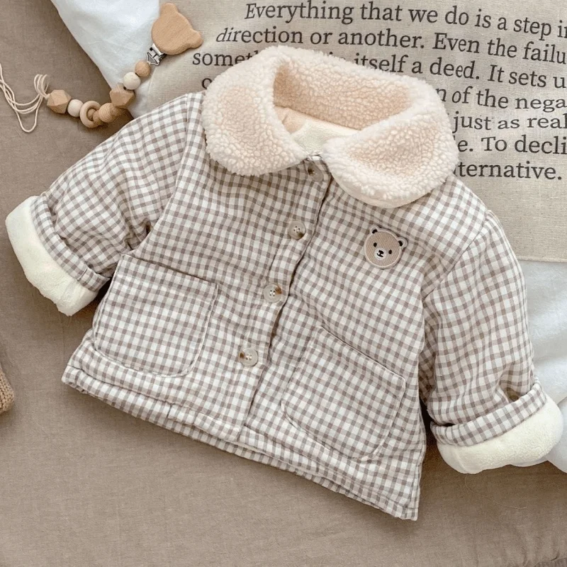 Newborn Baby Girl Boy Bear Fleece Inside Jacket Infant Toddler Child Cotton Padded Coat Warm Plaid Outwear Baby Clothes 9M-3Y