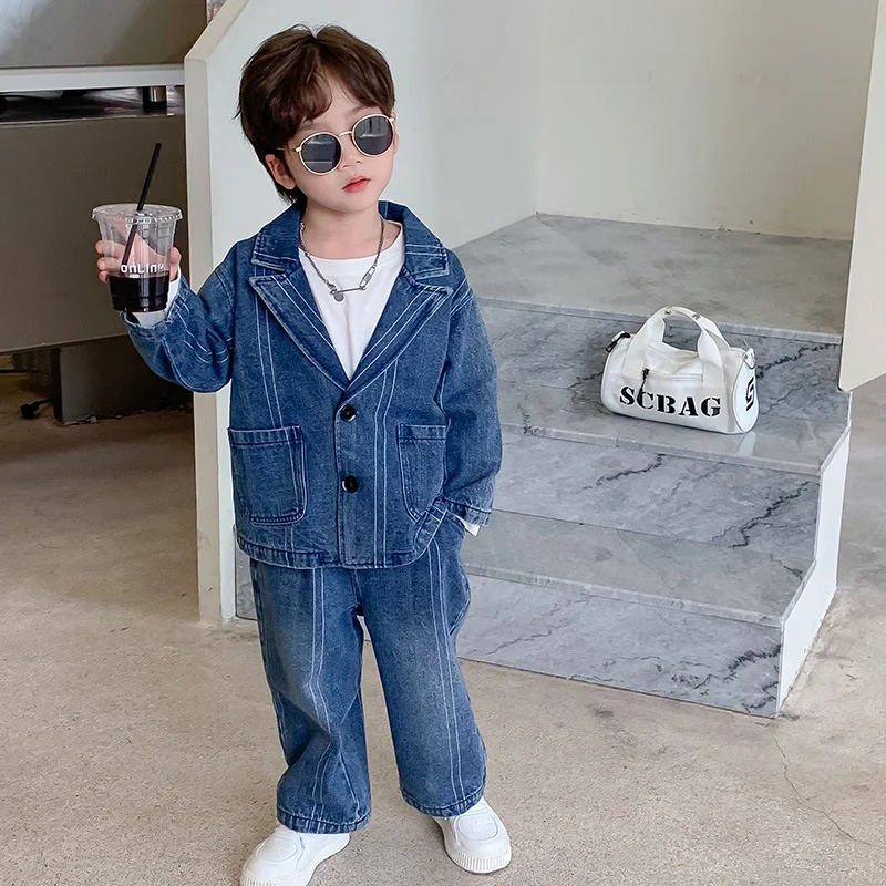 

Boys Coat +Pants Kids Suits 2PCS/Set Cotton 2024 Solid Jean Spring Autumn Cotton Jogging Suit High Quality Children Clothing