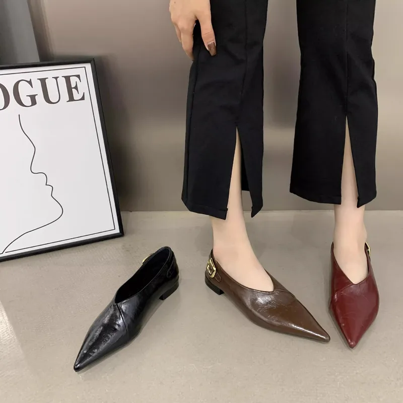 

Женские остроносые туфли на низком каблуке в британском стиле, новинка весны 2024, модные Универсальные Туфли Мэри с острым носком в стиле ретро