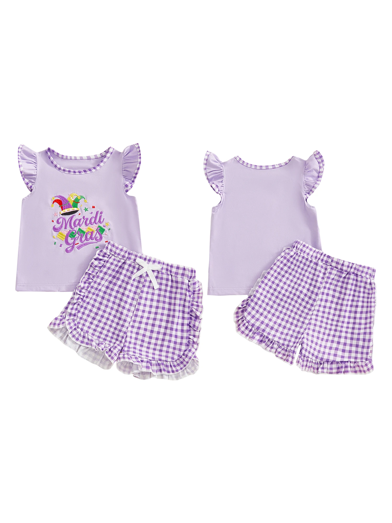 Infant Girl Mardi Gras Costume Embroidered Ruffle Crew Neck Top with Flutter Sleeves and Plaid Shorts 2 Piece Set for Toddlers