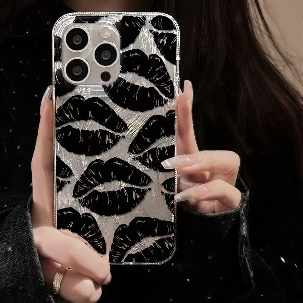 Chic Black Lip Print Glossy Phone Case