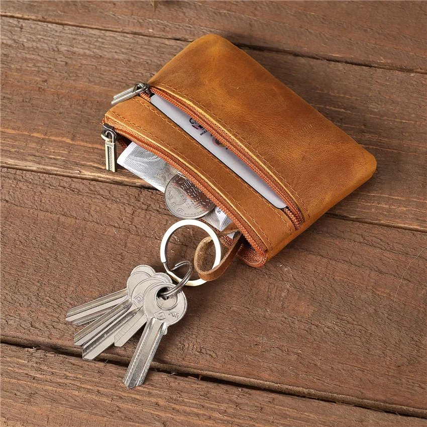 Vintage Brown Leather Coin Purse with Zipper, Cowhide Pattern