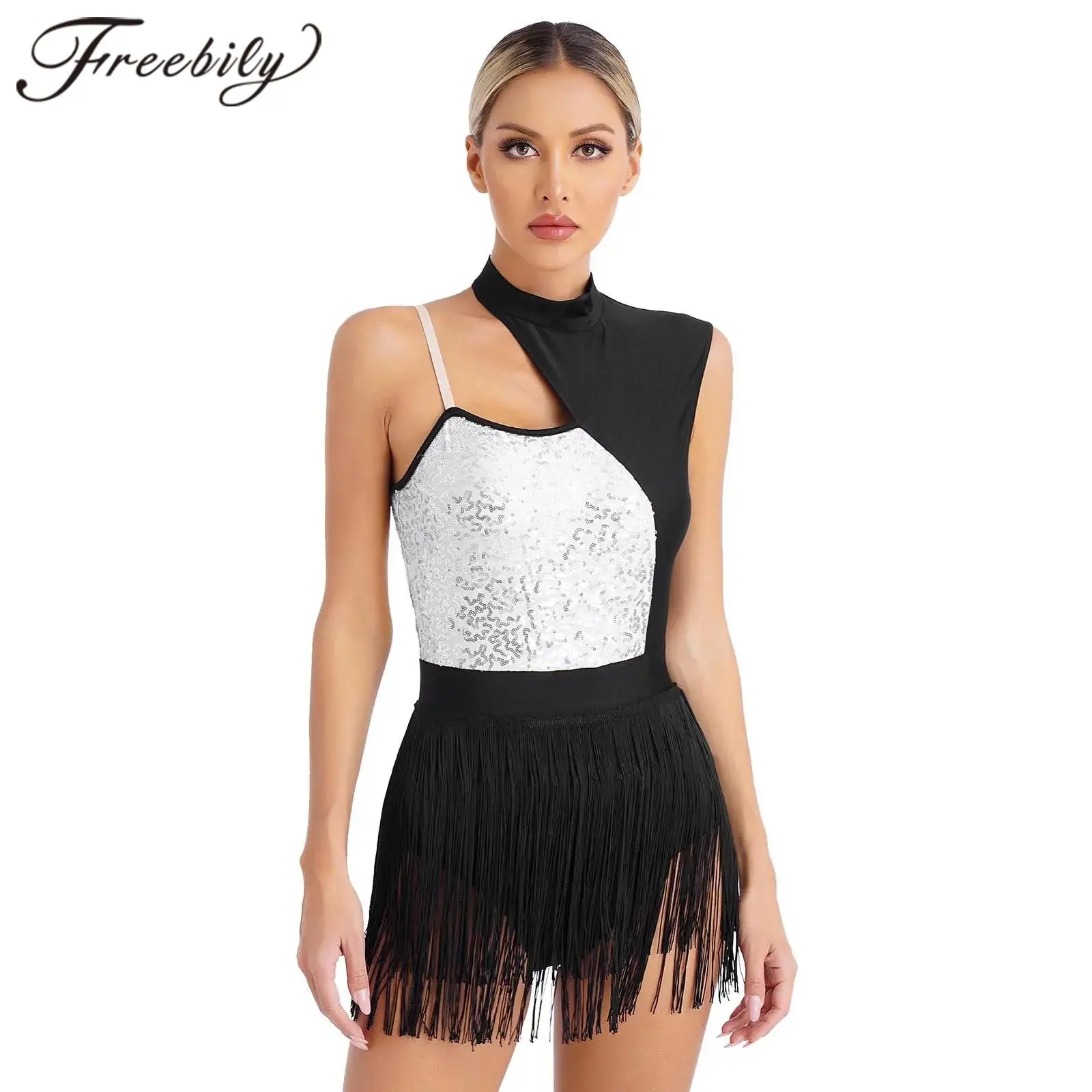 

Womens Rhythmic Gymnastics Leotard Shiny Sequins Sleeveless Patchwork Latin Dance Fringed Bodysuit Stage Performance Costume