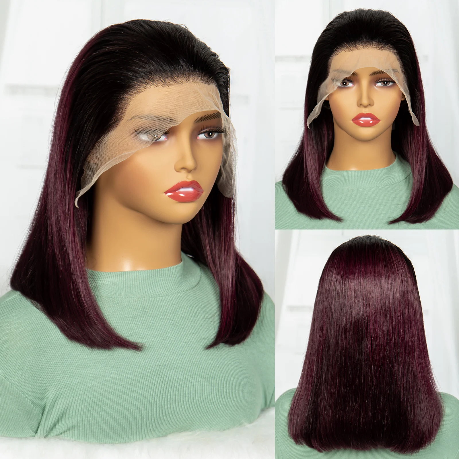 

Ombre 99J Wigs 200% Density 12A Double Drawn Hair Wig Bob 13x4 Lace Front Human Hair Wigs Bob Straight Human Hair Wigs