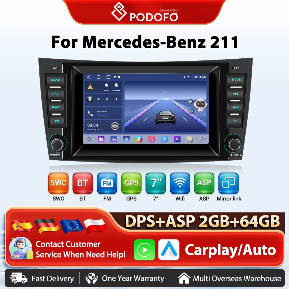 Podofo 7-calowe bezprzewodowe radio samochodowe Carplay Android Auto dla Mercedes-Benz 211 Nawigacja GPS Mirrorlink Samochodowy odtwarzacz multimedialny RDS