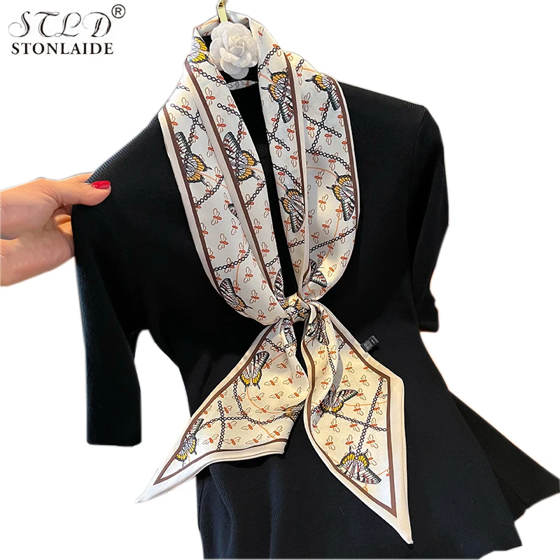 

2023 Choice Narrow Small Long Satin Silk Scarves For Women Double Butterfly Chain Print Korean Big Bevel Ladies Neckerchiefs