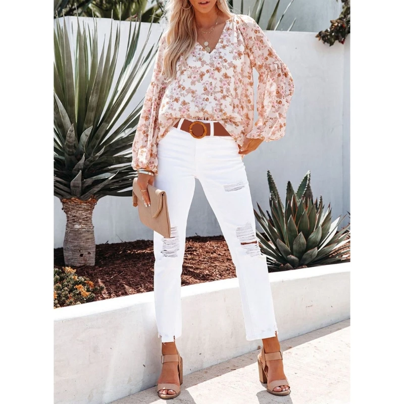 

Women Lantern Long Sleeve V-Neck Blouses Boho Floral Print Loose Shirts P8DB