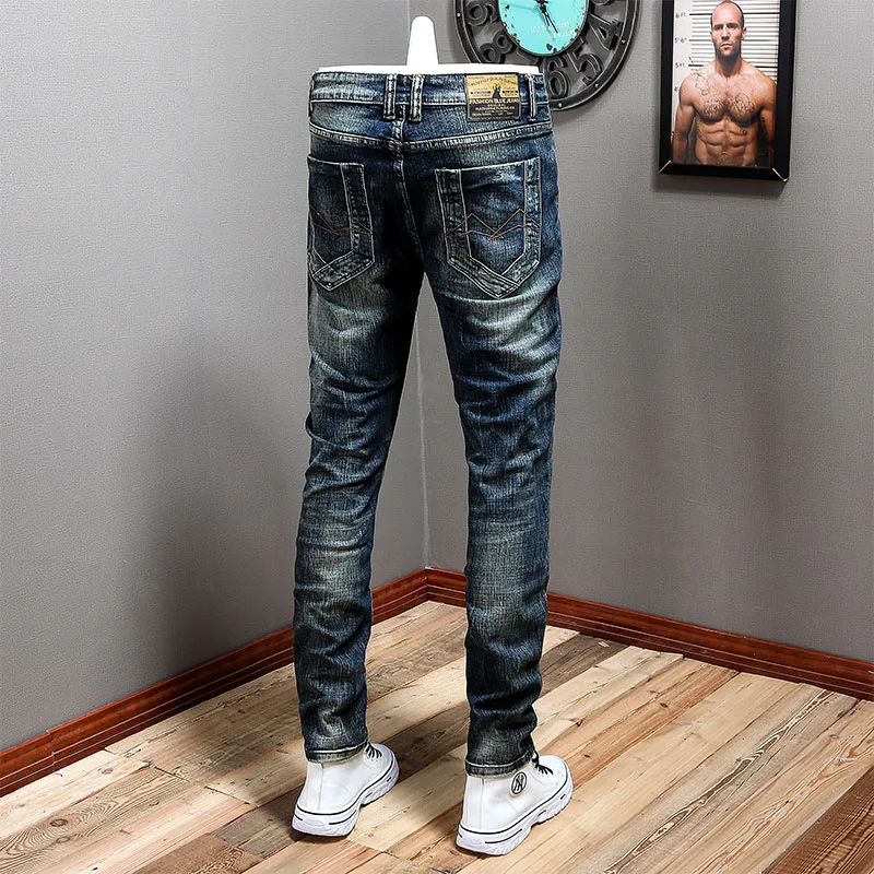 Fashion Designer Men Jeans Retro Black Blue Stretch Elastic Slim Fit Ripped Jeans Men Embroidery Patched Vintage Pants Hombre