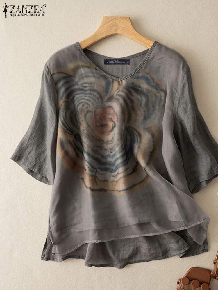 

Винтажная женская рубашка ZANZEA, летняя богемная Цветочная Блузка с V-образным вырезом, топы с рукавом 3/4, туника, повседневные свободные женские блузы с принтом