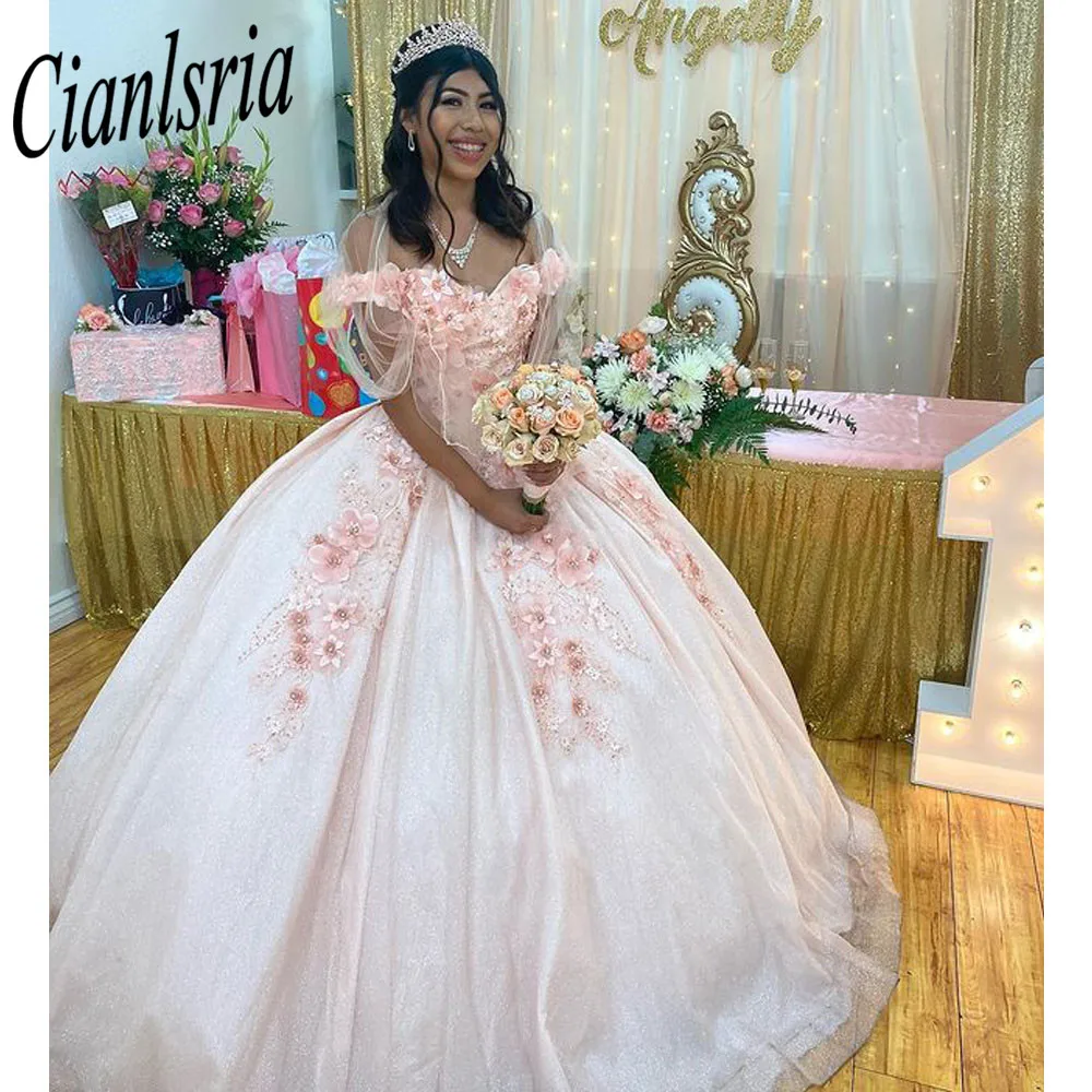

Pink Quinceanera Dresses Corset Ball Gown Beaded 3D Flowers Formal Prom Birthday Gowns Princess Sweet 15 16 Dress Vestidos