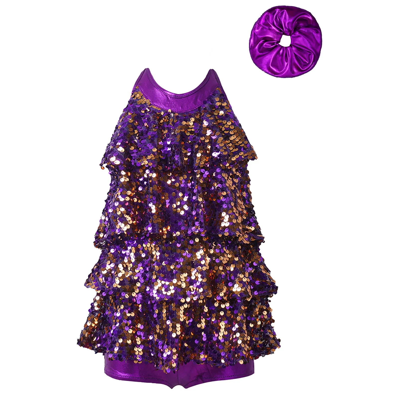 

Kids Girl Jazz Latin Dance Costume Ballet Gymnastics Skating Leotard Dress Halter Shiny Sequin Bodysuit with Hair Band Dancewear