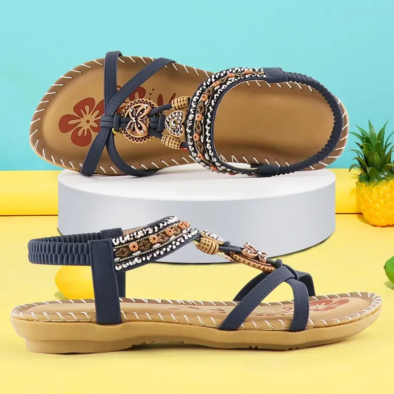 Women Slingback Sandals Women Flat Shoes Bohemia Women's flat sandals rhinestones slingback round toe heart plate buckle flower print