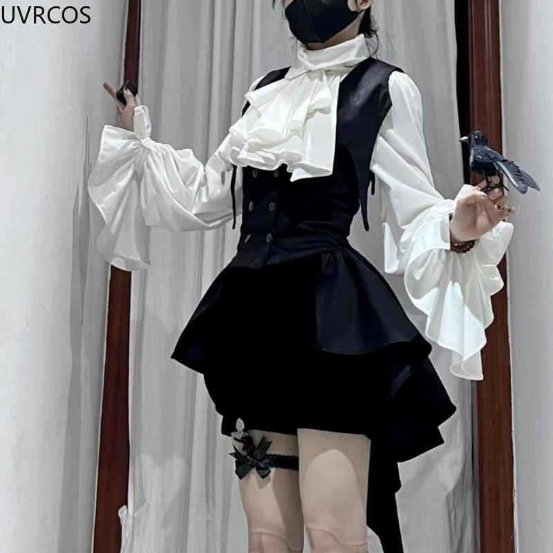 Halloween Sweet Y2k Style Lolita 3 Piece Sets Women Chic White Bow Shirts Strap Skirt Mini Pants Dark Gothic Lolita Suit Winter 6