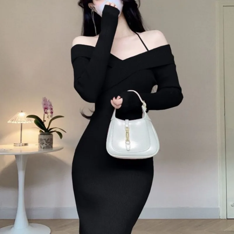

French Pure Desire Pullover Head Off Shoulder Hanging Neck Women's Autumn and Winter Splicing Knitted Sweater Long Sleeved Dress