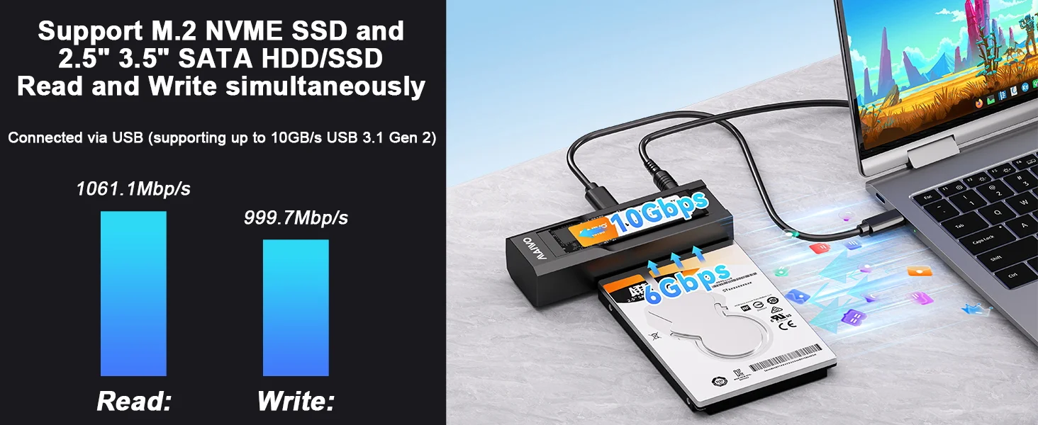 MAIWO 10 Gbit/s Typ-C Dual-Bay M.2 SSD Gehäuse NVMe SATA Dual Protocol M2 Gehäuse Dockingstation 2,5/3,5 Zoll mit Office Clone – Detail 3