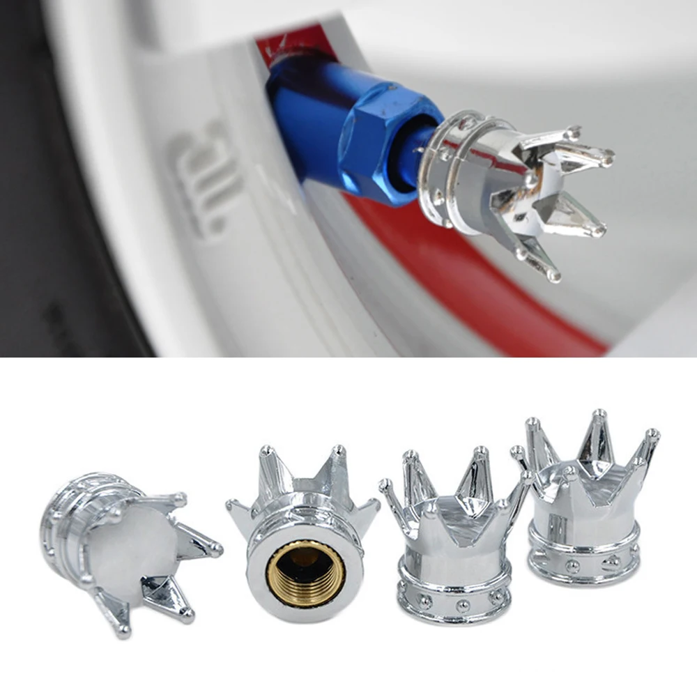 4pcs Chrome Crown Car Auto Vehicle Tire Air Valve Stem Screws Cap Cover Wheels Rim Universal Silver Car Tire Valve Caps