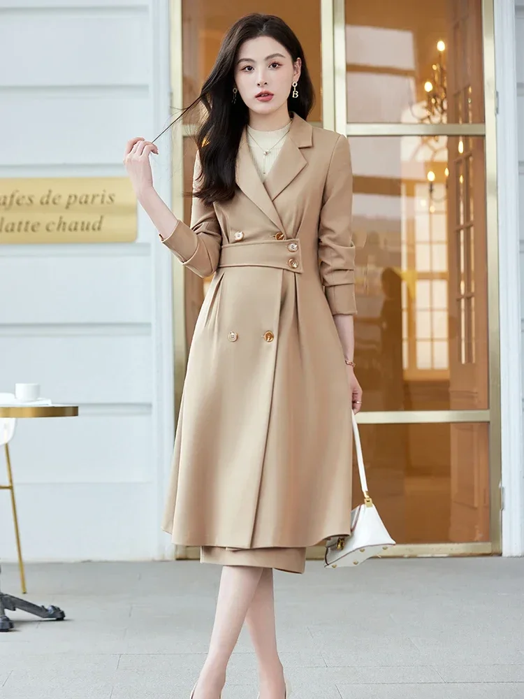 Womens Skirt Suit 2 Piece Set Notched Collar Long Overcoat