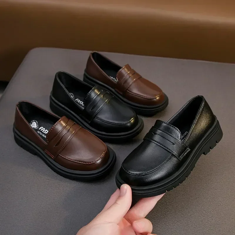 

New 2024 Spring Autumn PU Leather Shoes Boys Girls Britain Style Black Brown Performance Shoes Children Slip-on Casual Loafers