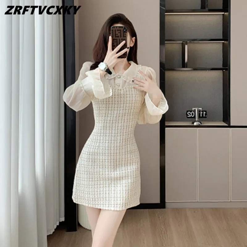 

Fashion Vintage Plaid Tweed Dresses For Women Spring Fall Sweet Peter Pan Collar Chiffon Patchwork Woolen Slim Mini Dress