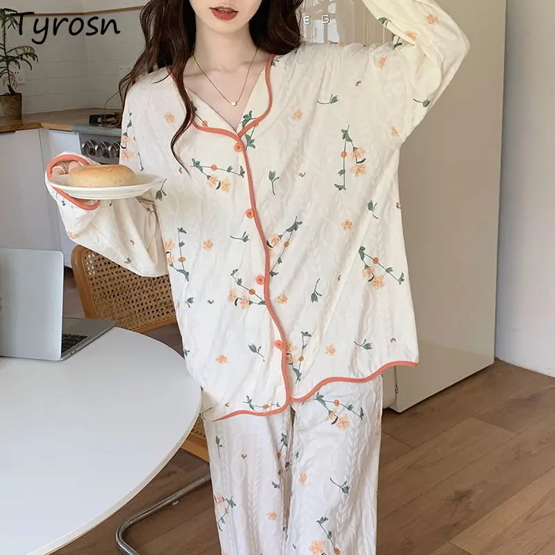 

Pajama Sets Women M-3XL Sweet Design Floral Simple Korean Style Casual Tender Popular Home Lounge Wear Spring Soft Ladies Basic