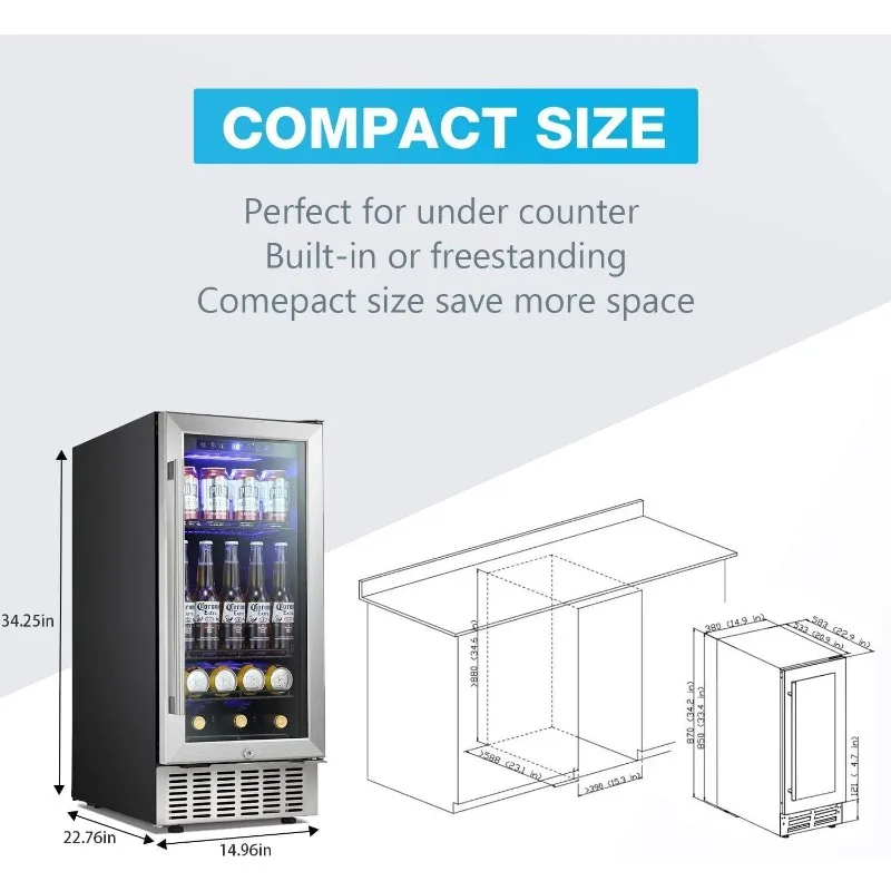 Antarctic Star 15 Inch Beverage Refrigerator Under Counter Built-in Wine Cooler Mini Fridge Clear Glass Door Digital Memory
