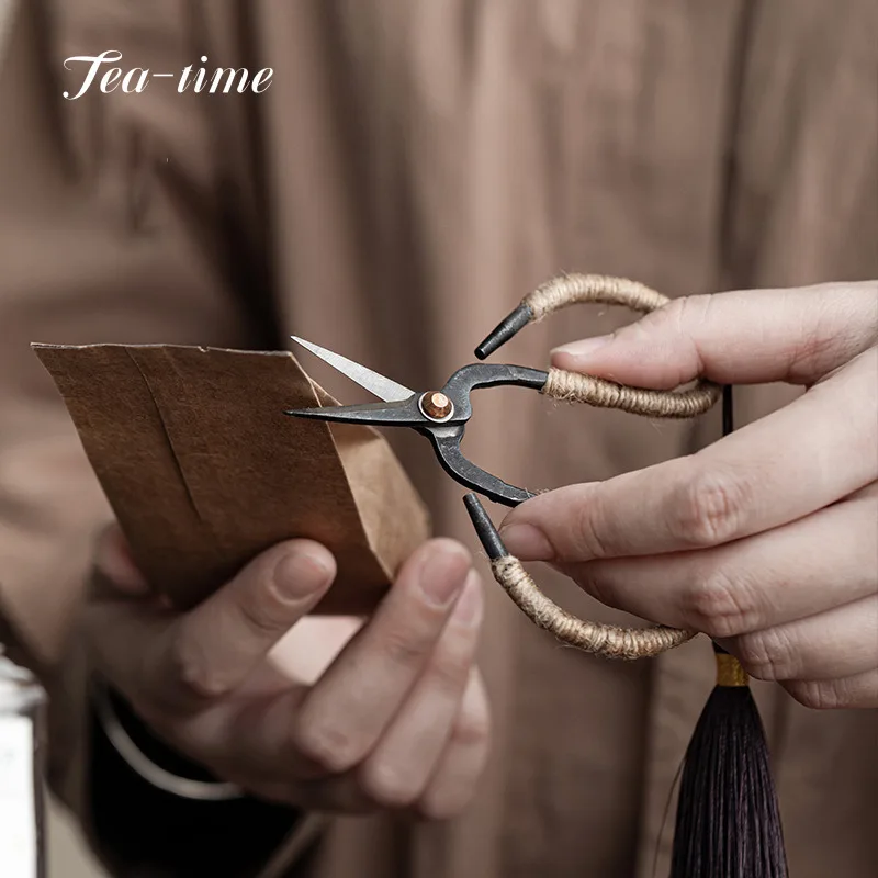 Retro Bamboo Tea Bag Scissors Pure Handmade Cloth Bag Tea Scissors Protector Tassel Chinese Knot Knife Puer Ceremony