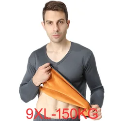 Winter Fleece Thicken Tops Large Size 6XL 7XL 8XL 9XL Men's Thermal Underwear Tops V Neck Long Sleeve Black Wine Red Cotton Tops