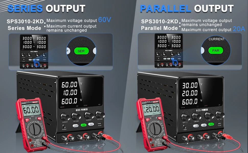 Description Picture 5 of item4 in 1 Lab Dual Power Supply 3 Model PAR/SER/INDEP Adjustable Power Source 30V 10A 60V 5A Voltage Stabilizer Switching USB 5V 2A