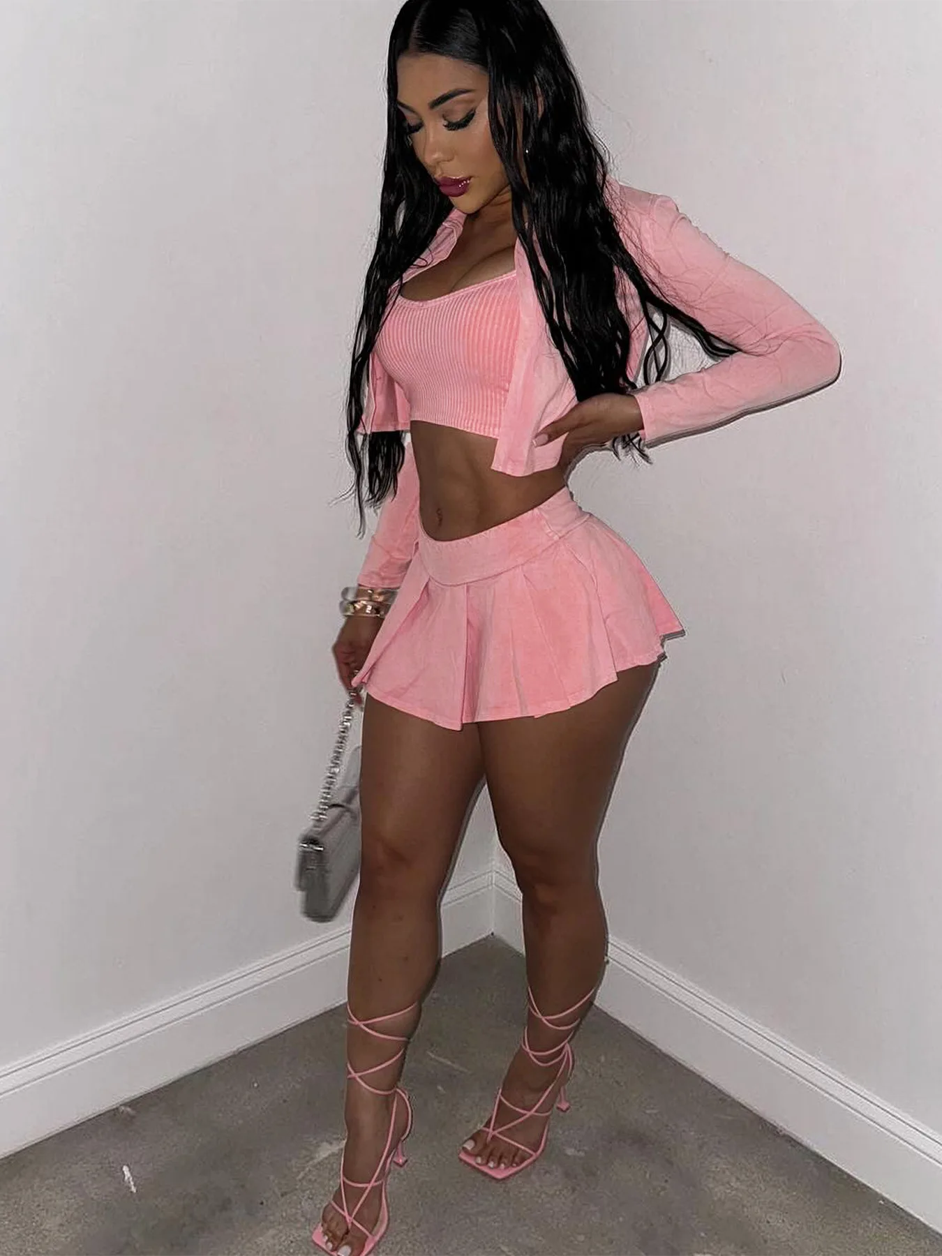 PYMQR New Solid Color Pickled Stir Fried Aged Skirt Set of Three Pieces Woman2024 Summer Streetwear Party Club Beachwear Outfits