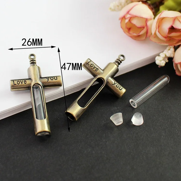 5X Tube/Heart/Cross/Lantern Glass Vial Locket Copper Container Write On Rice Art Bottles Lucky Perfume Oil Wishing Bottles Gift 5