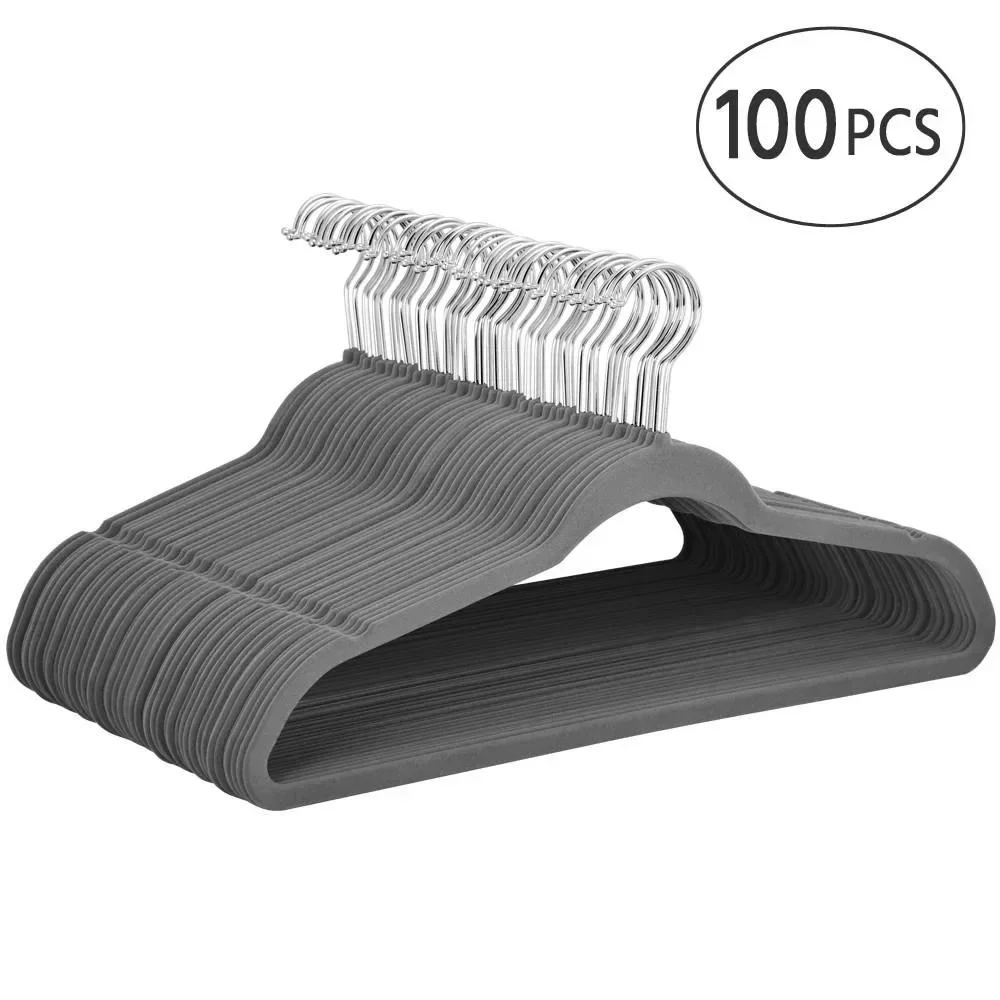 100 Pack Home Non-Slip Velvet Clothing Hangers for Wet and Dry Gray