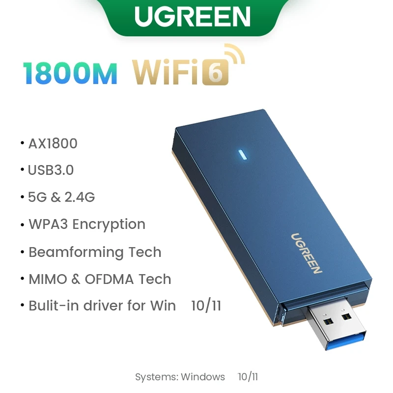 UGREEN AX1800 USB WLAN stick adapter WiFi 6 USB 3.0 adapter voor pc Dubbele 5dBi WLAN-antennes met ingebouwde driver, super muurpenetratie en dual-band (5GHz/2.4GHz) voor Windows 10/11 UGREEN AX1800 USB WLAN stick adapter WiFi 6 USB 3.0 adapter voor pc Dubbele 5dBi WLAN-antennes met ingebouwde driver, super muurpenetratie en dual-band (5GHz/2.4GHz) voor Windows 10/11