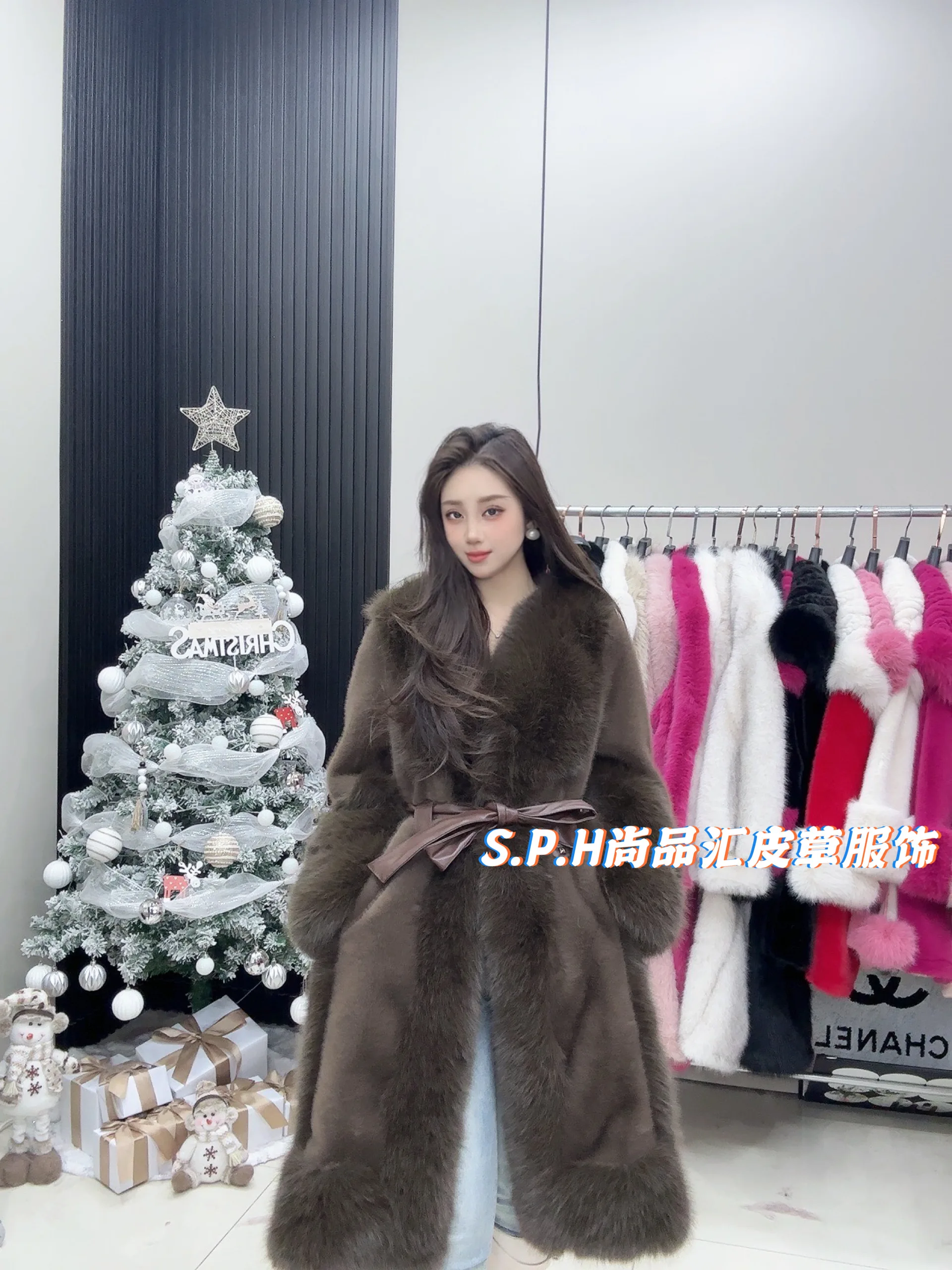 New Winter High-End Women's European Mink Fur Toka Fox Fur Long Coat Waist-Slimming Belt Temperament Slimming Faux Fur Jacket