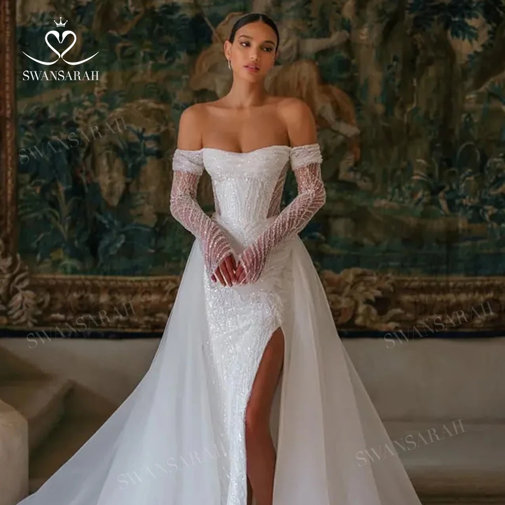Abito da sposa a maniche lunghe 2025 Perline Split Sirena Treno