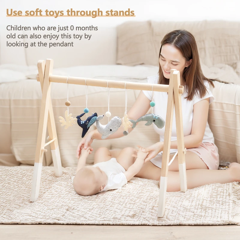 Baby Wooden Gym Play Toys Mobile Kids Fitness Hanging Stand Toy Foldable Baby Exercise Equipment Newborn Sensory Exercise Gifts 4