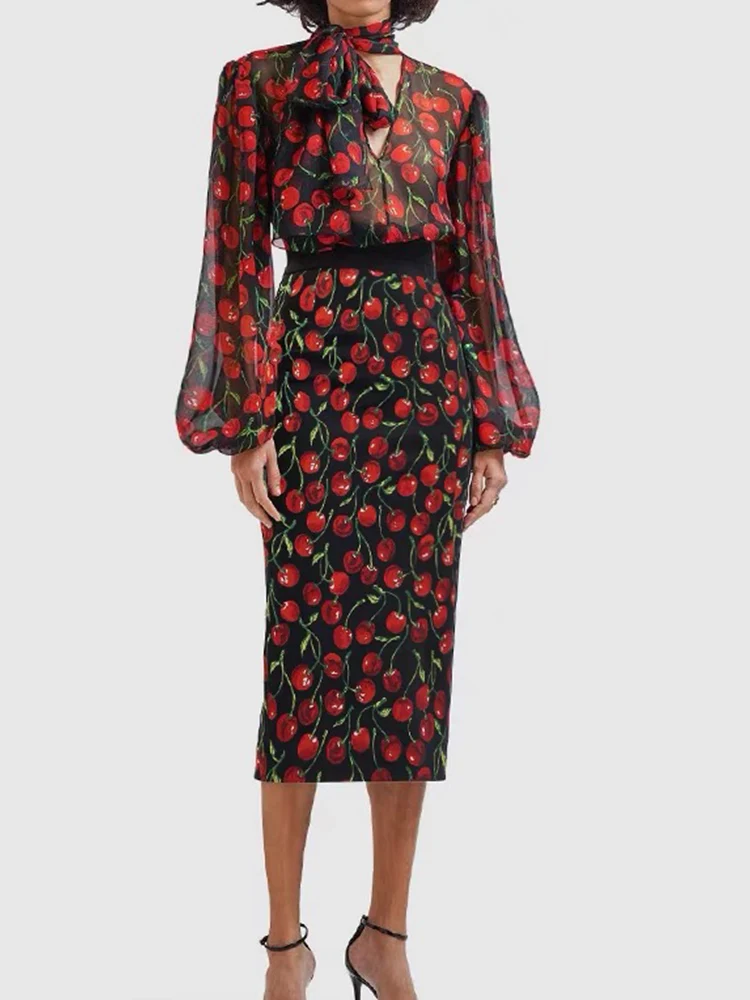 

Spring and Autumn New Printed Long-sleeved Shirt Chiffon Top+High Waist Slim-wrapped Hip Skirt Fashion Ladies Two-piece suit