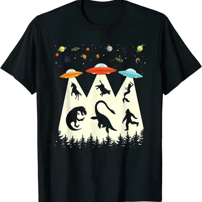 

Summer Women Male Classic Casual Camisetas Funny Cartoon Print Tops For Men Abduction T-Rex Loch Ness Bigfoot Funny UFO T Shirt