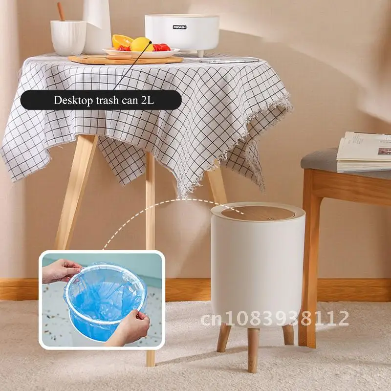 

Creative Wooden High Foot Trash Can For Bathroom with Press Cover Kitchen wastebin Living Room Toilet Garbage container